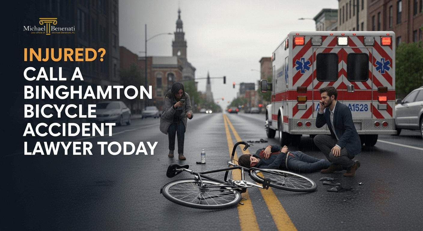 Binghamton bicycle accident lawyer ad with injured cyclist and ambulance.